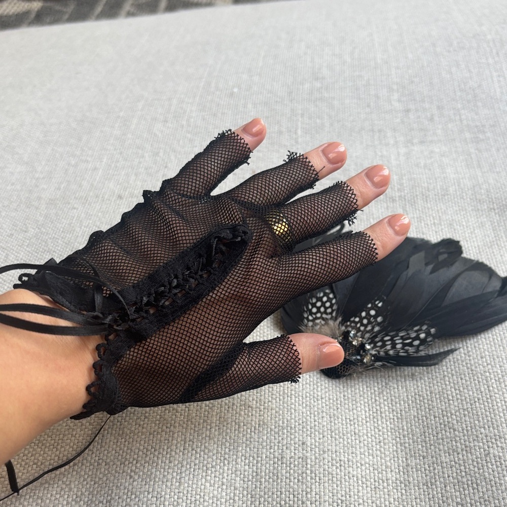 Elegant Black Lace Gloves and Brooch